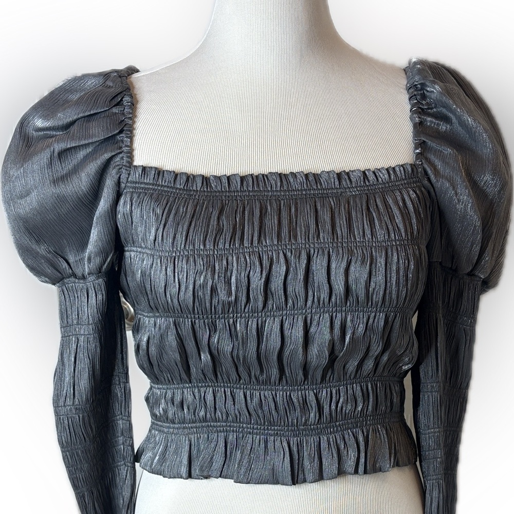 Caroline Constas $380 delilah Ruched top slate metallic gray silver large L